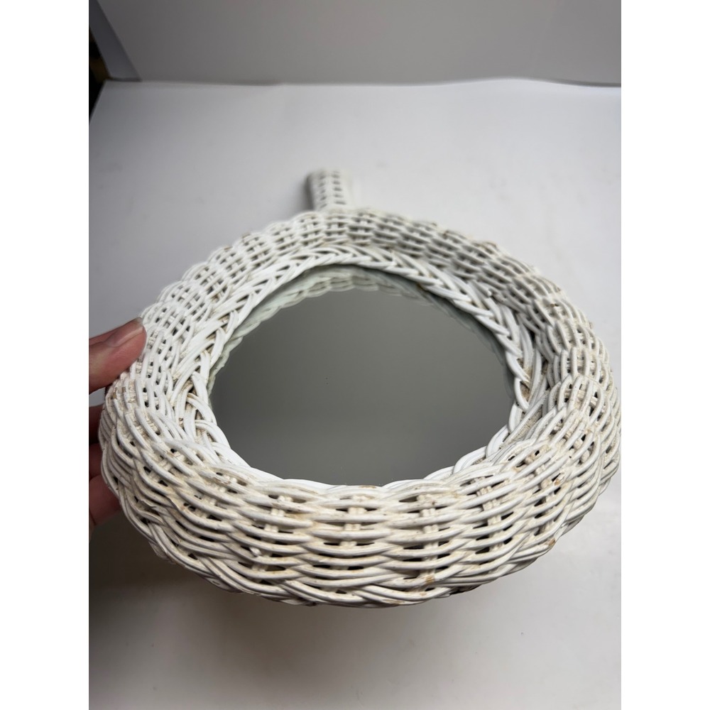 Vintage White Wicker Hand Mirror Woven Rattan Paddle Vanity Mirror Cottagecore - Picture 10 of 10